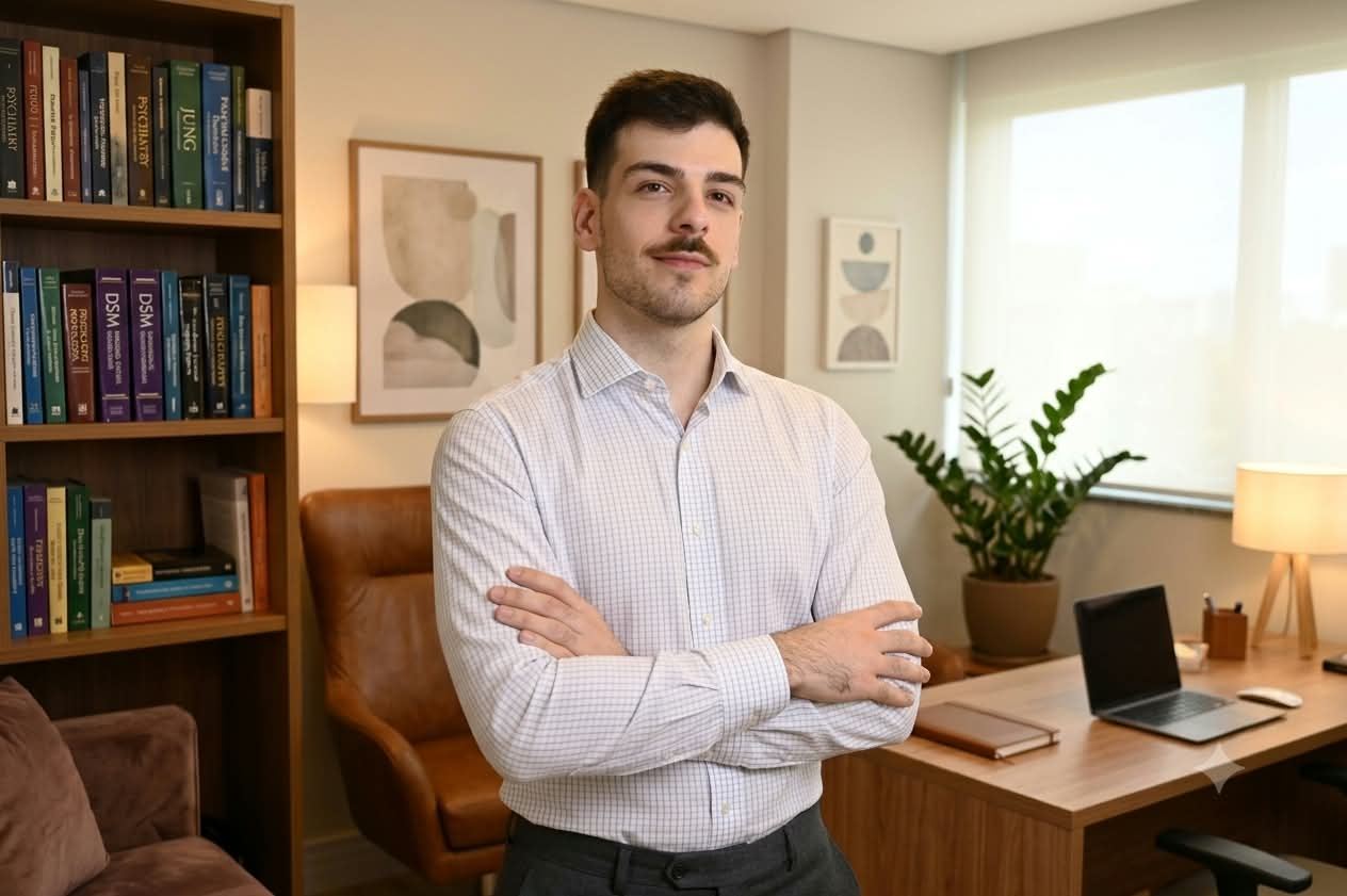 Dr. Alvaro Frigini de braços cruzados no escritório, ao lado da estante de livros.